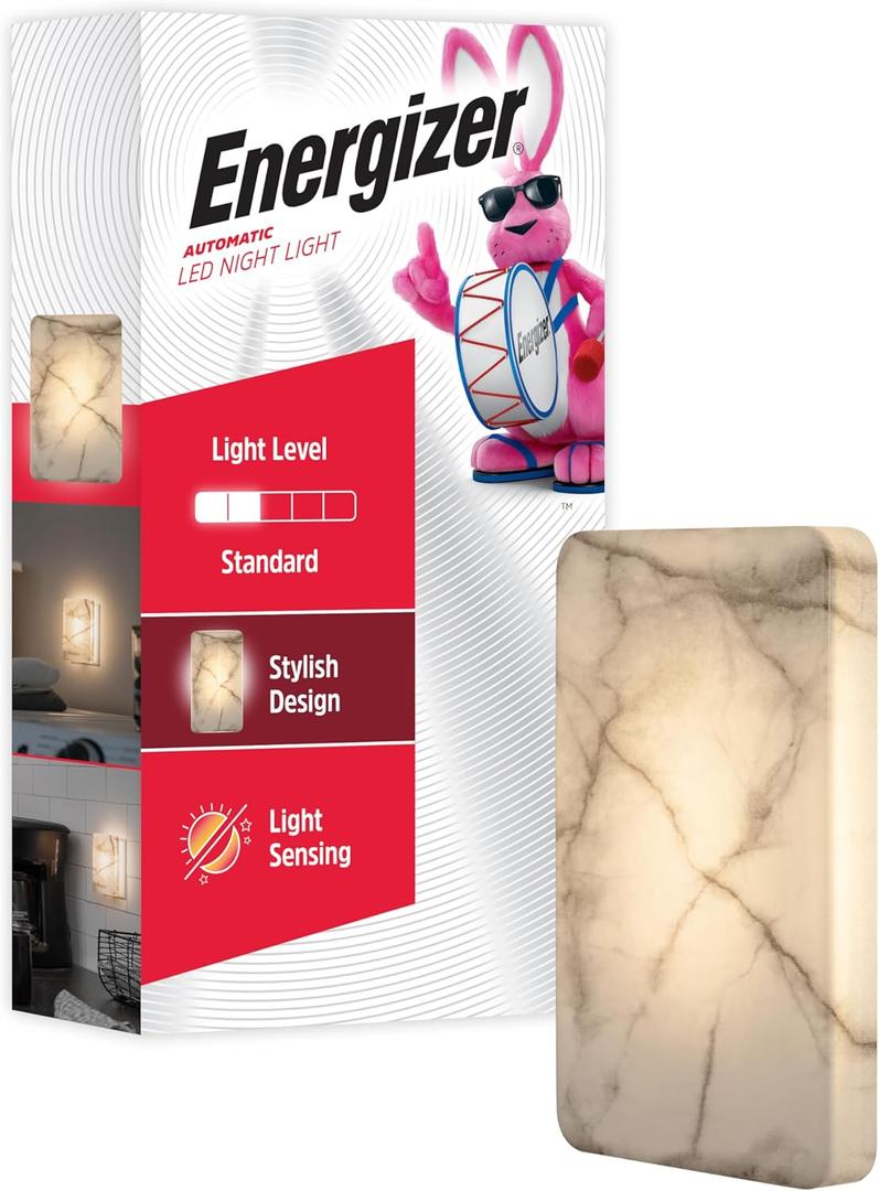 Energizer Night Light, Marble, Square, Back-lit, Light Sensing, Nightlight for Bedroom, Bathroom, Nursery, Hallway, Kitchen, 2700K, 82690