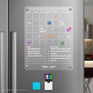 Acrylic Magnetic Calendar for Fridge 16x12, Clear Acrylic Calendar for Fridge, Refrigerator Calendar Magnetic Dry Erase Board, includes 6 Markers, Magnetic Eraser and Marker Holder
