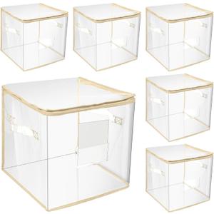 Abbylike 6 Pcs 12'' Zippered Clear Plastic Storage Bags with Label Pocket and Handles Plastic Storage Bins Clear Moving Bags Waterproof Organizers Tote Bins for Closet Sheet Clothes Packing(Beige)