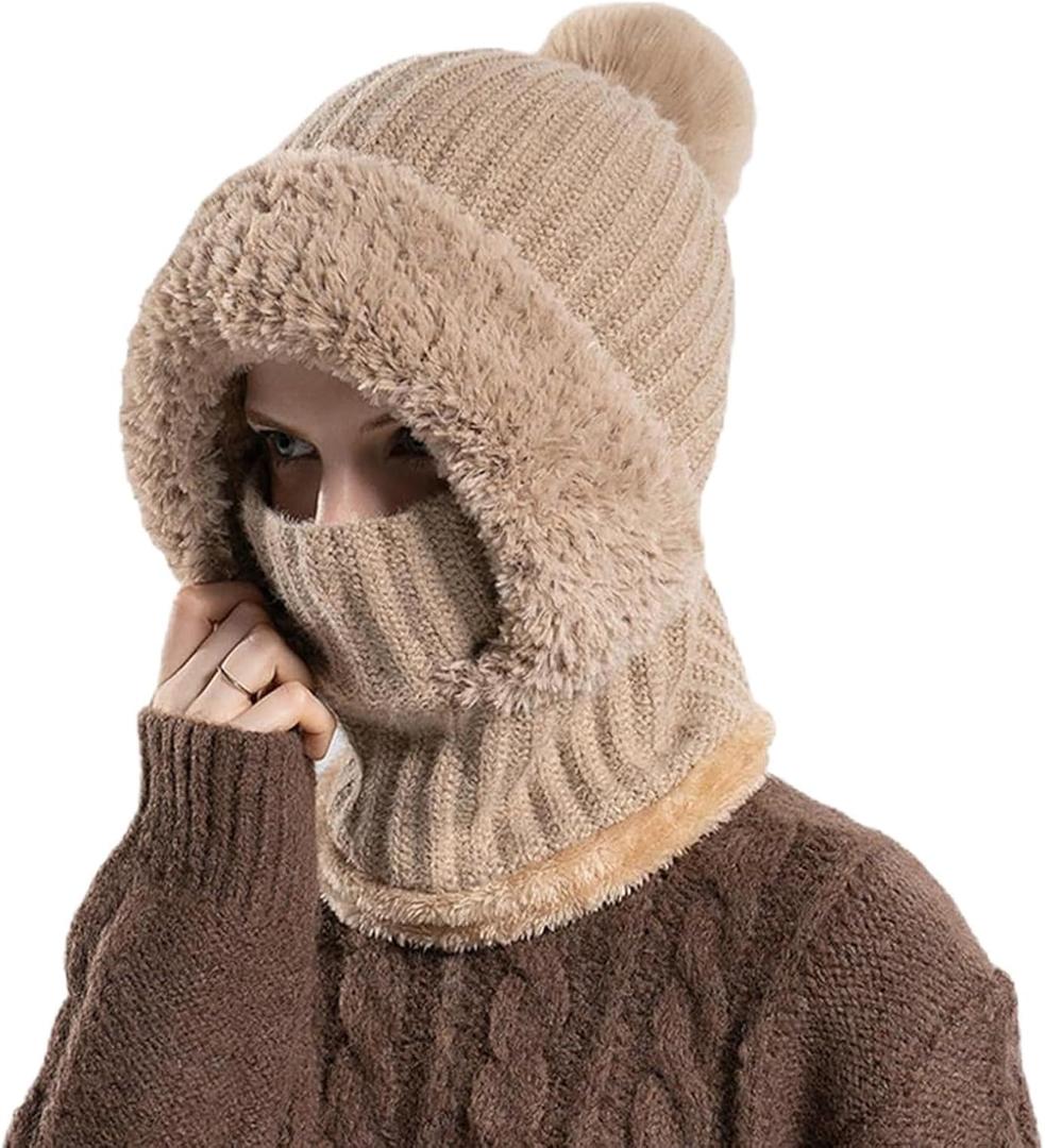 3 in 1 Beanie Hat for Women, Women's Knitted Hat in Autumn and Winter, 3 in 1 Beanie Hat with Scarf and Mask Beige