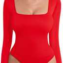 MANGOPOP Shapewear Bodysuit for Women Tummy Control Sexy Square Neck Long Sleeve Thong Ribbed Seamless Body Suit Top
 (Small, Red)