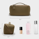 EACHY Leather Makeup Bag, Portable 180° Wide-Open Flat Cosmetic Bag for Women, Large Capacity Make Up Organizer Makeup Pouch with Divider and Handle, Khaki