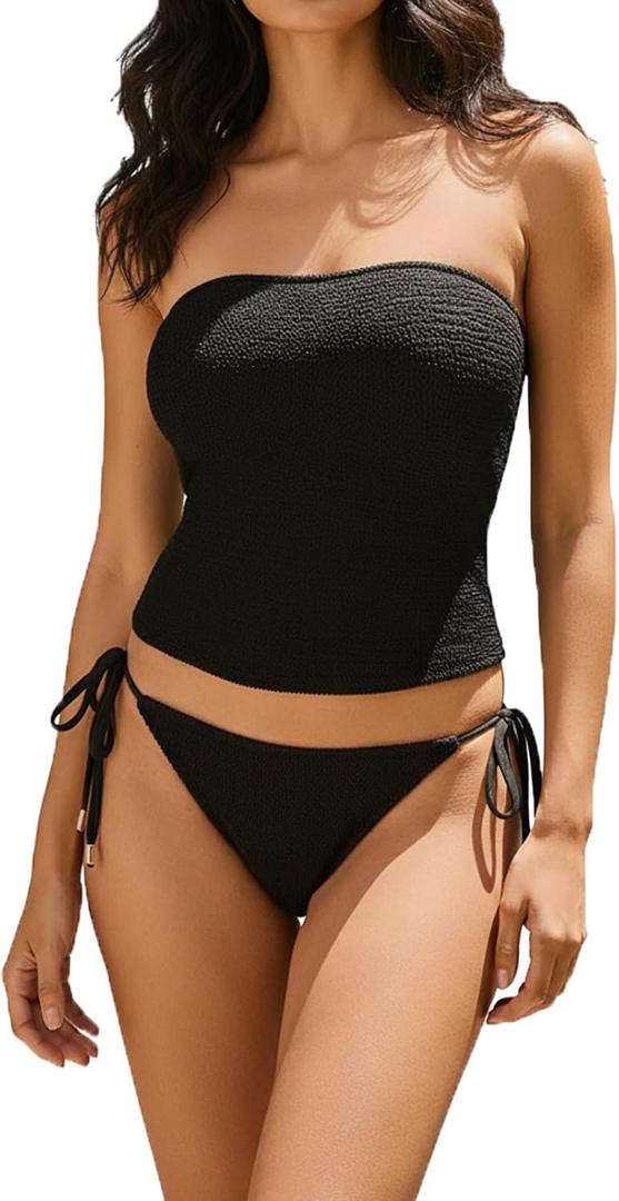 LIZENS Tankini Swimsuits for Women High Cut Tie Side Thong Bathing Suit (Black, S)