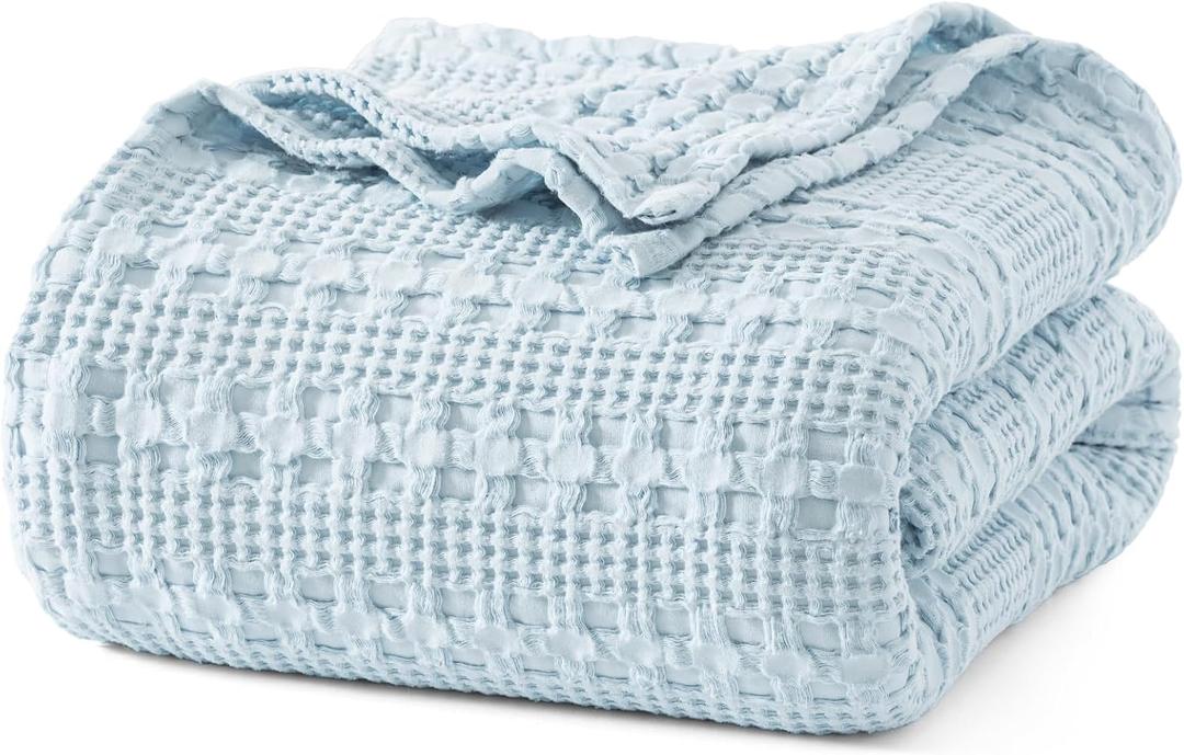 PHF 100% Cotton Waffle Weave Blanket King Size for Bed, Soft Lightweight & Breathable for Spring and Summer, All-Season Comfort, Luxury Aesthetic Blanket for Home Decor, 108"x90", Sky Blue