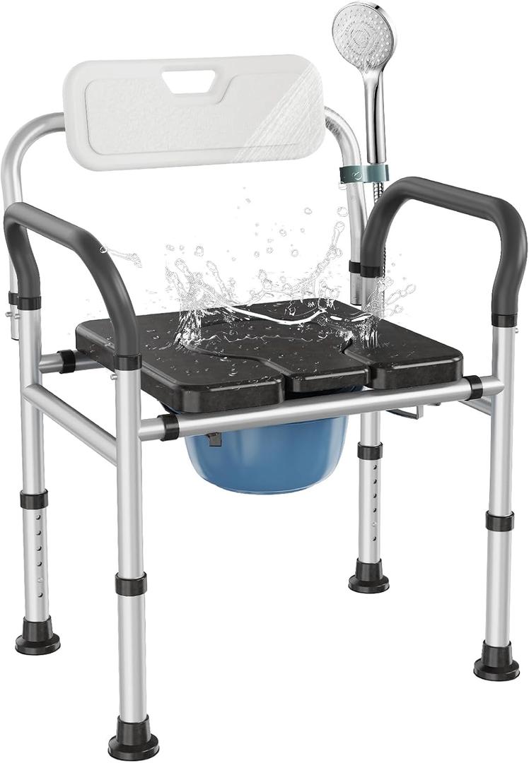Heavy Duty Bedside Commode Chair with Adjustable Height, Raised Toilet Seat with Arms Handles and Back Support for Elderly, Portable Bedside Toilet with Bucket (Width 19.69")