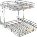 Pull out Cabinet Organizer(23"W X 21"D)-2 Tier, Heavy-Gauge Chrome Frame, Full-Extension Slide Rails, Height-Adjustable, Stylish Wooden Handle, Easy Installation for Kitchen Cabinet Organizer