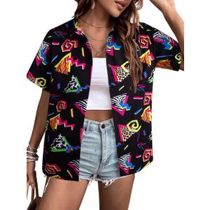 80s 90s Outfits for Women 80's Retro Theme Party Shirt 80s Hawaiian Shirt Neon Hawaii Button Down Short Sleeve Tops (Black, XL)