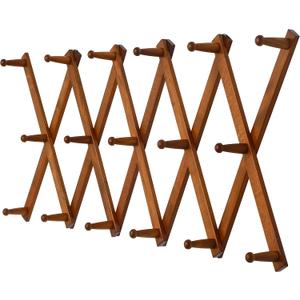 Dseap Accordian Wall Hanger: 16 High Wooden Wall Expandable Coat Rack, Hat Rack Holder, Accordion Hook for Baseball Caps, Coats, Mugs, 17 Peg Hooks, Brown