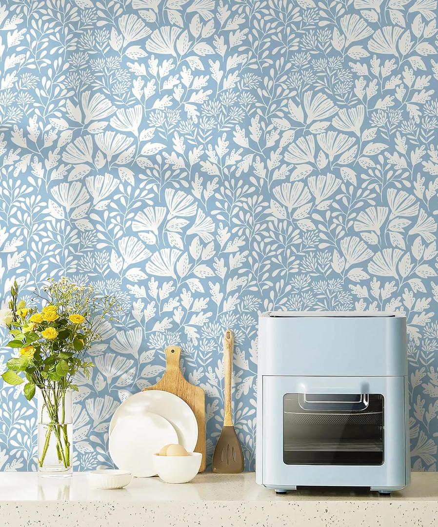 Safiyya 17.3''393'' Blue Peel and Stick Wallpaper Blue and White Wallpaper for Bathroom Waterproof Contact Paper Self Adhesive Removable Floral Wall Paper for Bedroom