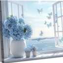 Coastal Flower Bathroom Canvas Wall Art Blue Hydrangea Floral Vase Butterfly Window Wall Decor Picture Seascape Beach Aesthetic Poster Print for Living Room Bedroom Bathroom Home Decoration 12x16in