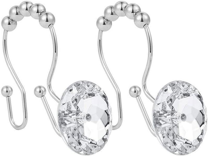 Shower Window Curtain Double Hooks, Stainless Steel Rustproof Crystal Rhinestones Gem Hooks Pack of 1 (Rhinestone White)