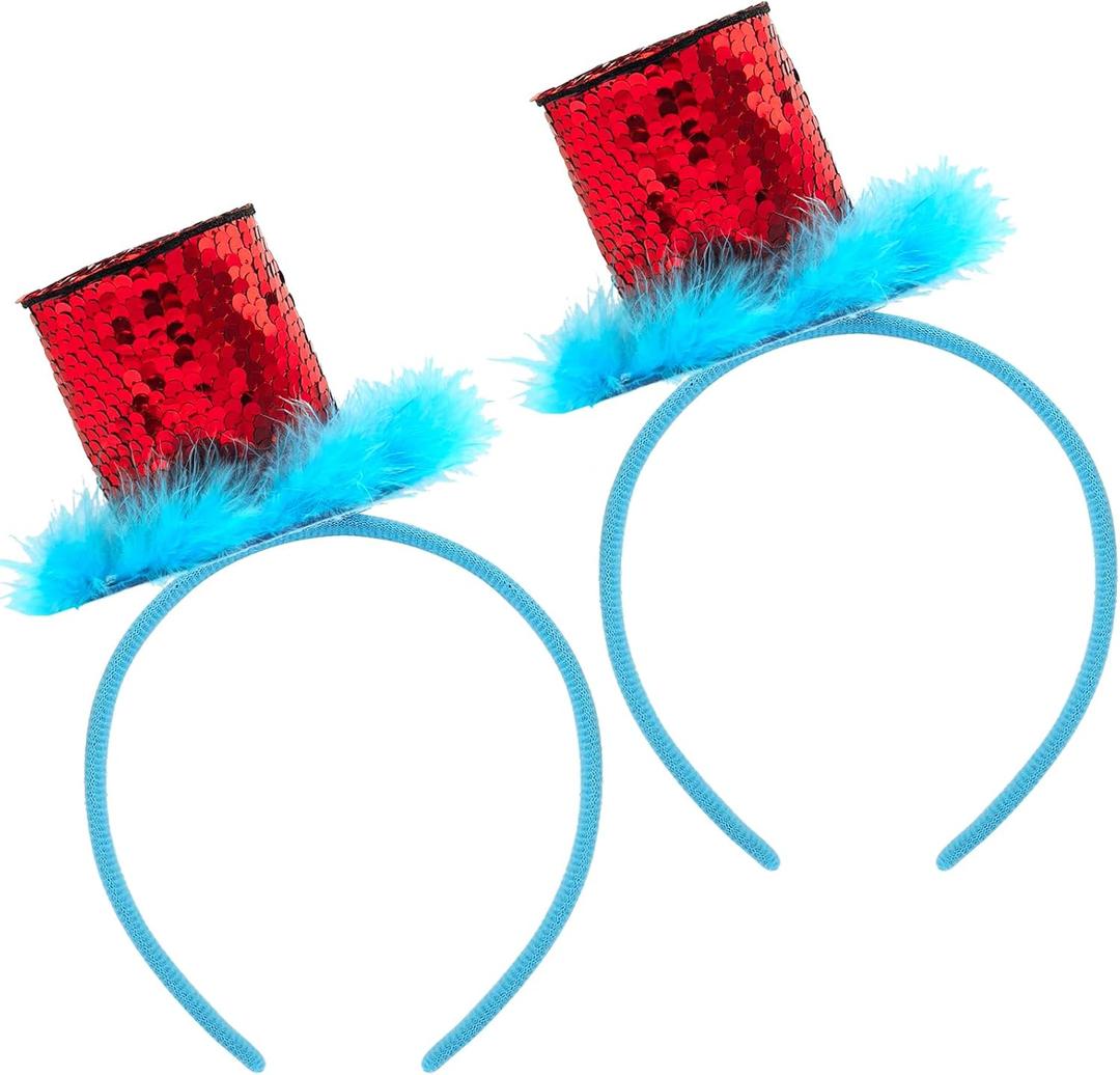 2 Pack Blue Furry Ponytail Headband Costume Headband with Red Sequins Stovepipe Hat Cosplay Costume Accessories Party Photo Props