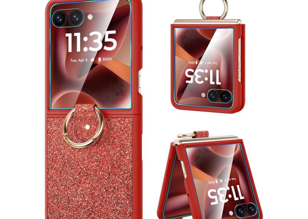 Caka Bling Case for Motorola Razr+ (Plus) & Razr Ultra 2025 Case, with Finger Ring Holder & Built-in Screen Protector, Slim Thin Protective Phone Cover for Razr+ & Ultra 2025 - Red