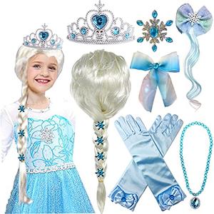 Princess Elsa Wig Frozen Elsa Braid with Princess Tiara Necklace Gloves Princess Elsa Dress Up Costume Cosplay Accessories for Kids Girls S