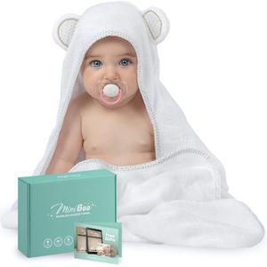 MINIBOO Hooded Baby Towels for Newborn - Super Soft Baby Bath Towels with Hood, Highly Absorbent Viscose Made from Bamboo Hooded Towel for Infant, Toddler and Kids, Baby Essentials (32 x 32 inches, Stars)