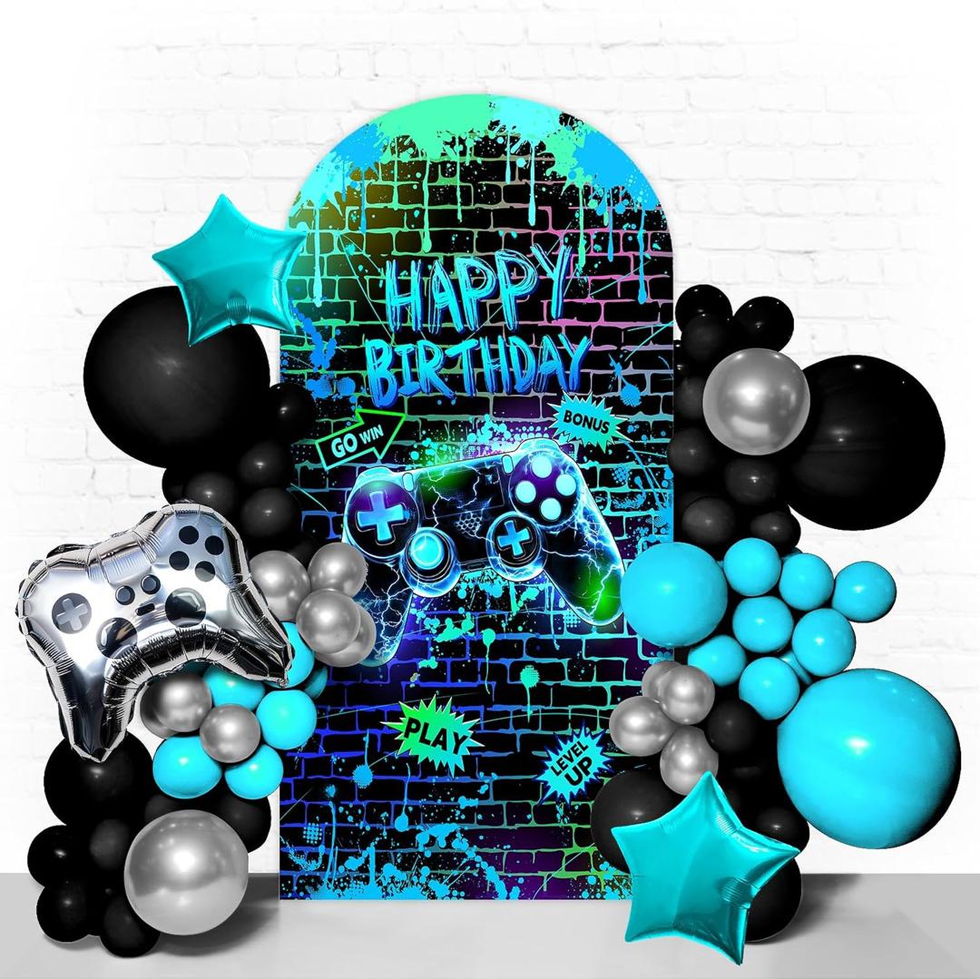 Game Backdrop Video Game Arch Cover for Boys 7.2FT Games Birthday Party Decoration Double-Sided Spandex Games Photography Background for Birthday Party Decor