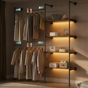 Expandable Industrial Pipe Clothing Rack with LED Lights, Heavy Duty Wall Mounted Garment Rack with 2 Rods & 4 Shelves, Closet Organizer for Bedroom, Laundry Room (Fits 48.4"-67.3") (Black)