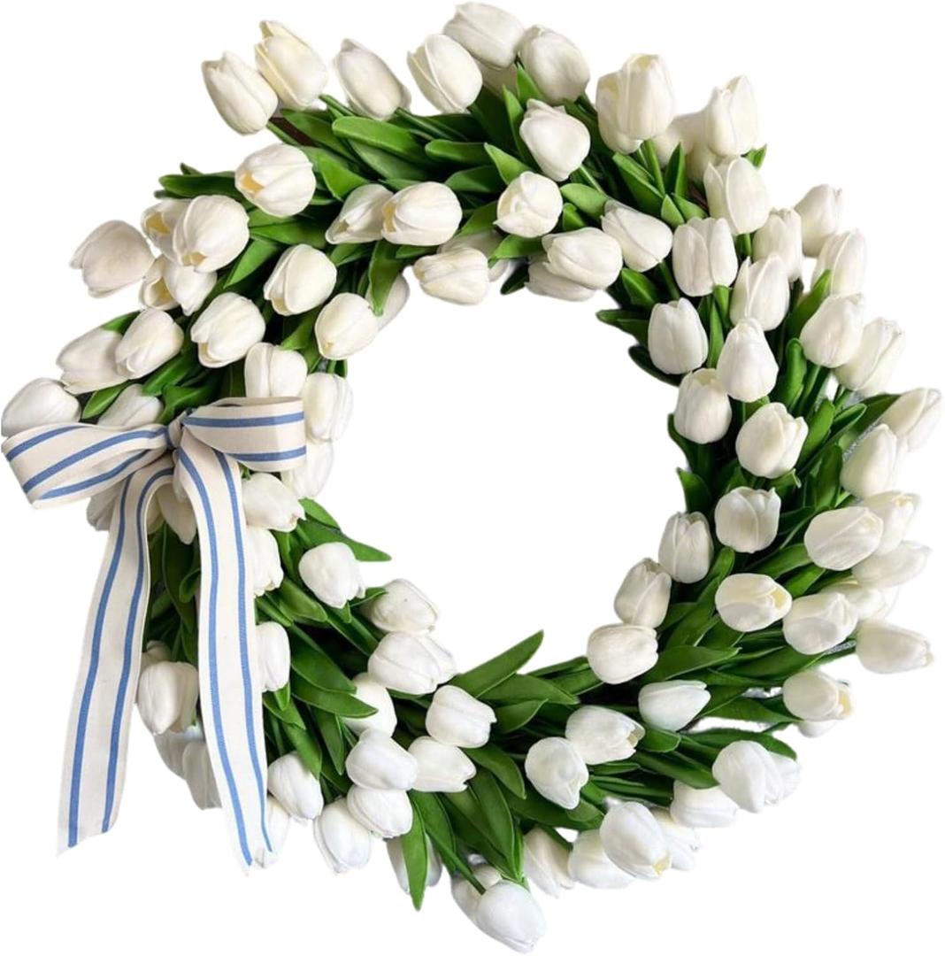 Spring Wreaths for Front Door, 16 Inch Summer Garland with White Tulips, Artificial Tulip Wreath for Farmhouse Home Wall Indoor Outdoor Window Decor