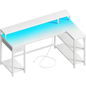 SUPERJARE 53 inch Reversible L Shaped Desk with LED Lights & Power Outlets, Computer Desk with Shelves & Monitor Stand, Gaming Desk with Drawer, Home Office Desk Corner Desk, PU White Drawer