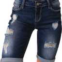 luvamia Women High Waisted Stretch Bermuda Shorts Ripped Rolled Hem Jean Shorts (Large, Dark Vintage)