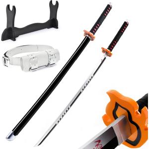 Demon Slayer Sword 41inch,with Display Stand and Belt, Rengoku Sword/Tanjiro Sword/Zenitsu Sword/Anime Original Texture,for Demon Slayer Cosplay and Collection,Various Styles (Silver)