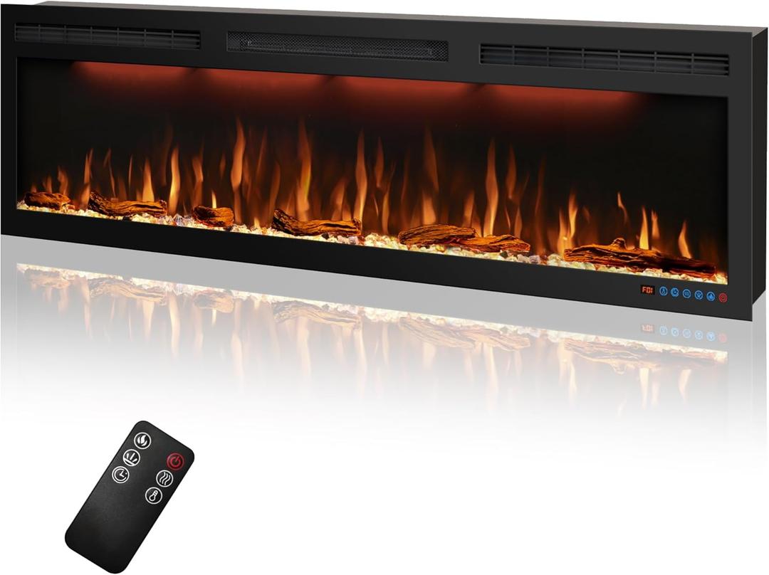 60 inches Electric Fireplace, Recessed and Wall Mounted Fireplace Heater and Linear Fireplace Inserts, with Timer, Remote Control, Adjustable Flame & Light Colors, 750W/1500W, Black