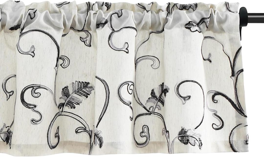 VOGOL Natural Kitchen Curtain Valance, Gray Vine Botanical Embroidered Pattern Window Valance, Rod Pocket for Small Window Basement Bathroom, 52 Inches by 14 Inches, Grey 1 Piece