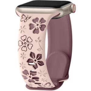 Floral Engraved Band Compatible with Apple Watch Band Women 40mm 38mm 41mm 42mm 44mm 45mm 46mm 49mm, Soft Silicone Two-Tone Flower Sport Strap for iWatch Series 10 9 8 7 6 5 4 3 2 1 SE Ultra