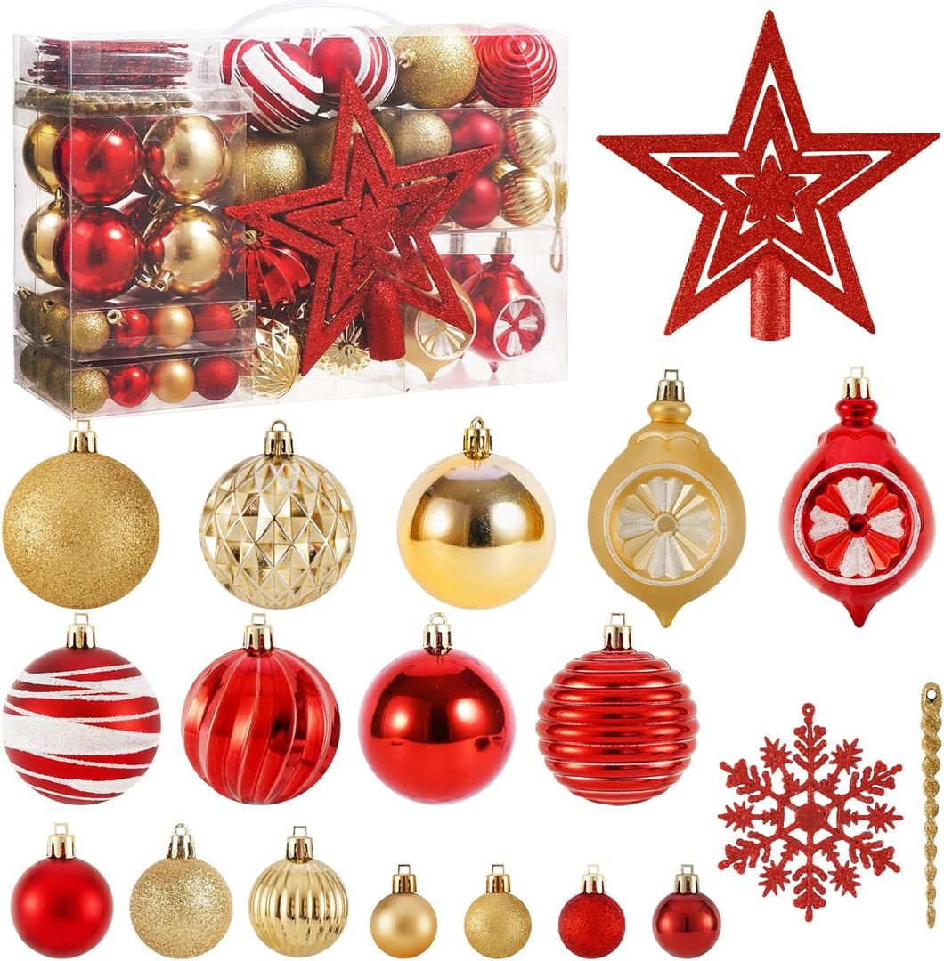 100PCS Christmas Tree Balls Ornaments Set with Topper, Red+Gold Shatterproof Hanging Christmas Tree Decorations