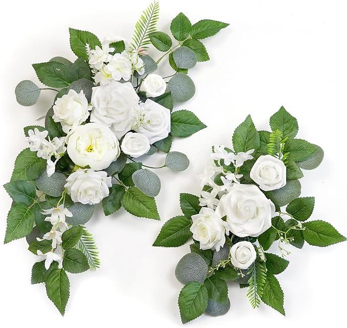 WEIERYUE(Pack of 2 Artificial Flowers Decorations,Artificial Arch Backdrop Garlandfor Ceremony Party Reception Entrance Welcome Easel Door Floral Decor Wall Home Entryway Outdoor(White)