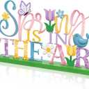 Cinnvoice Metal Spring Decorations for Home Spring Is Here Table Sign Decoration Farmhouse Flowers Butterfly Centerpiece with Wooden Base Seasonal Letter Tiered Tray Decor for Office Shelf Mantel