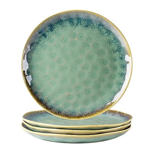 Henten Home Ceramic Dinner Plate Set, 11 Inch Porcelain Pizza, Pasta, Salad Plates, Irregular Shape Steak Plates Set of 4, Stoneware Serving Dishes for Kitchen (Green)