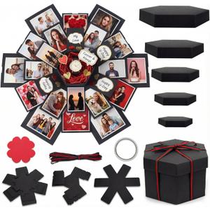 Koogel Explosion Gift Box, Handmade Exploding Photo Album Preassembled Surprise Picture Pop Up Love Box with Creative DIY Scrapbooking Accessories for Anniversary Birthday Wedding (Black)
