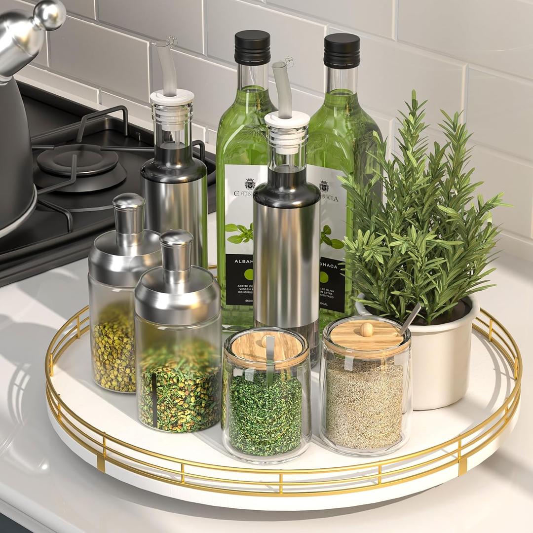 13 Wooden Lazy Susan Turntable for Cabinet Round Rotating Spice Rack Organizer, White Kitchen Countertop Tray for Dining Table & Pantry Storage (White & Gold)