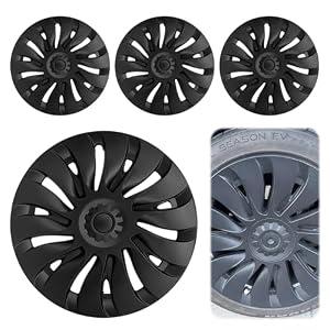 Tesla Model Y Wheel Covers 2020–2024, Full Fit Hubcaps with Left-Right Aero Symmetry, Matte Black ABS+PC, Reduced Wind Drag, Snap-On Install, Includes Tire Repair Kit (19 Inch 14-Spoke)