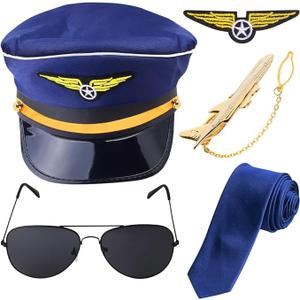 5 Pcs Airline Pilot Captain Costume Kit with Aviator Sunglasses,Pilot Costume Accessories Set for Aviation Halloween Dress Up