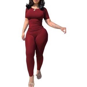 PINSV 2 Piece Sets for Women Summer Casual Jogger Workout Outfits Fitted Crew Neck T-shirt High Waist Legging Sets (Large, Wine Red)