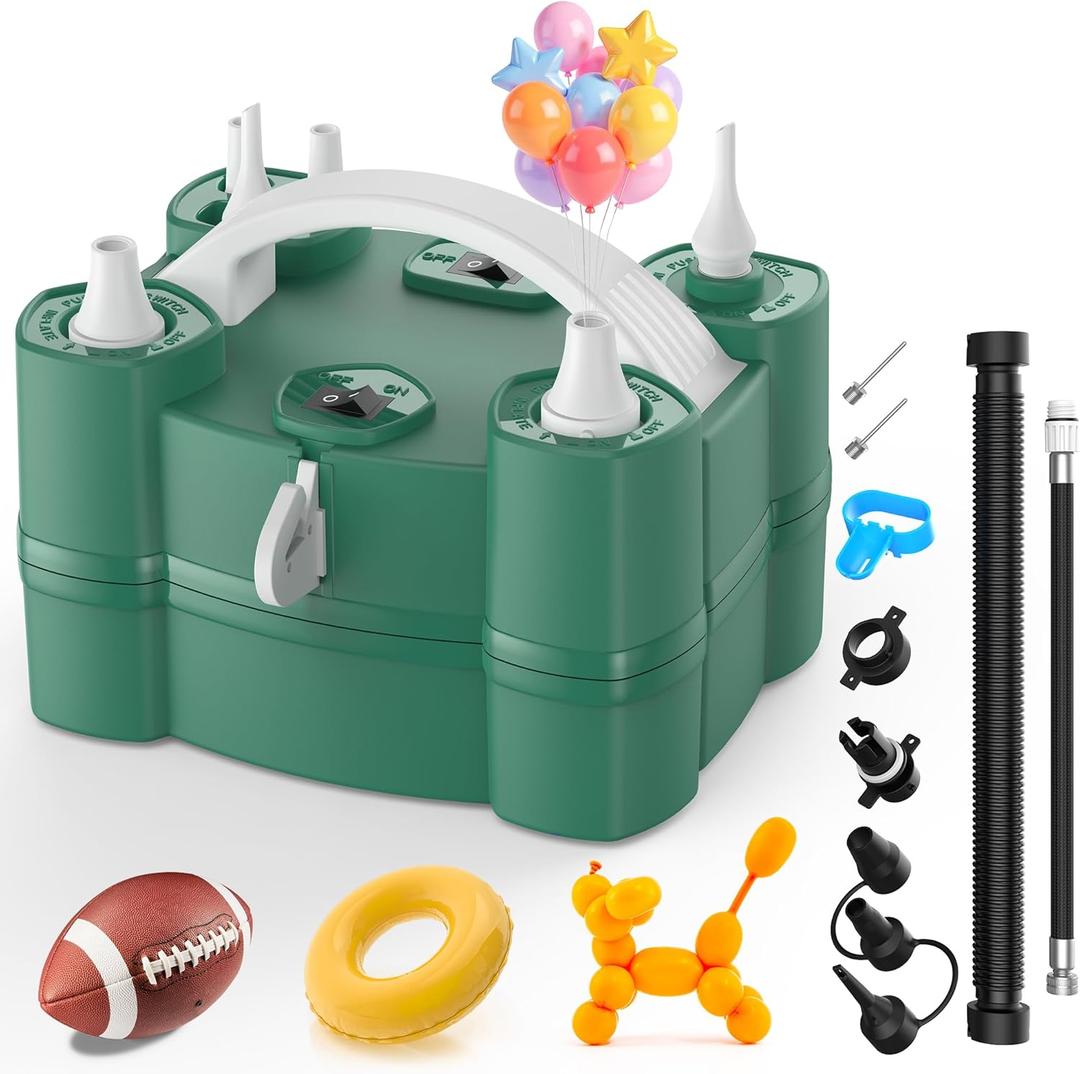 Balloon Pump 4-in-1 Electric Balloon Inflator with Triple Inflating Ports for All Balloons Air Filler Machine for Sports Balls Inflator Deflator for Inflatables (Green)