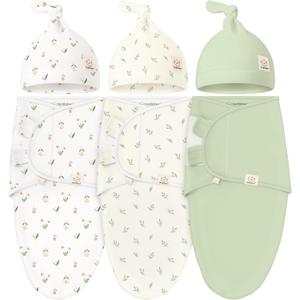 KeaBabies 3-Pack Organic Swaddles for Newborns Girls, Boys with Hats - Soft Cotton Baby Sleep Sacks 0-3 Months, Breathable Baby Hats and Swaddles 0-3 Months, Newborn Essentials Must Haves (Fleur)