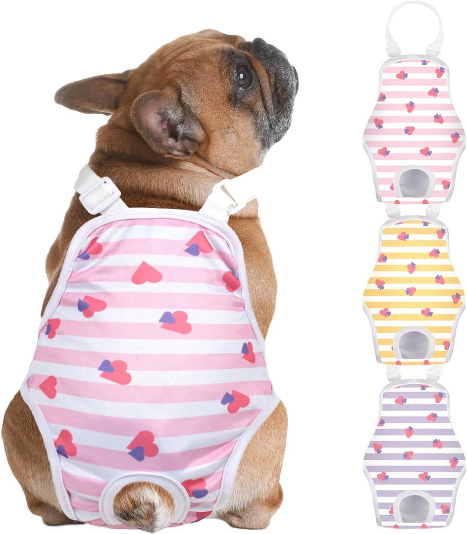 Jollywoods 3 Pack Washable Female Dog Diaper Onesie Sanitary Pantie with Adjustable Suspender, Reusable Fixed Doggie Diapers, Super Absorbent Leakproof for Small Medium Large Dog in Heat Cycle S