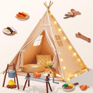 Teepee Tent for Kids with BBQ Pretend Play Toys, Spacious 60” Kids Play Tent Indoor & Outdoor, Foldable Playhouse with Mat & Star Lights, Washable Camping Toys Gift for Boys & Girls Ages 3–8
