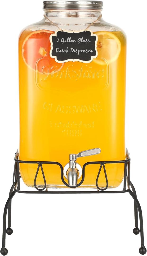 2 Gallon Glass Drink Dispenser with Stand and Stainless Steel Spigot, Mason Jar Drink Dispensers with Lids, Large Glass Water Beverage Dispenser for Lemonade, Iced Tea, Juice, Punch, Parties