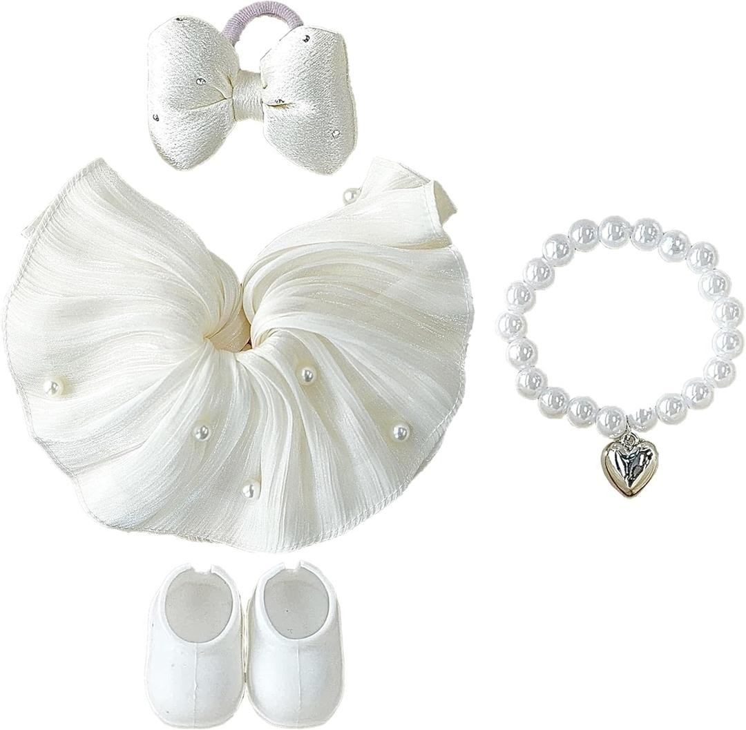 17cm Doll Clothes with La bu-u, High Fashion Dress Set, 17cm Doll Accessories, Set of 4 - Dress + Necklace + Bow Hair Accessory + Leather Shoes (Not Dolls) (White Set)