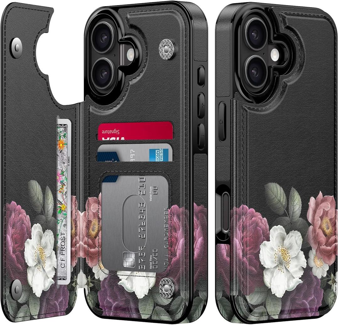 LETO for iPhone 17 Wallet Case with Card Holder - Flip Folio Leather Kickstand - Fashionable Flower Designs - Shockproof Protective Phone Cover for Women and Girls - Cute Flrals