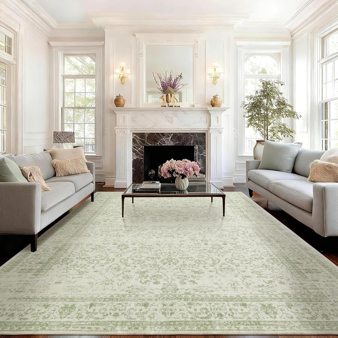 Sage Green Boho Front Door Mat for Indoor Entrance Washable Non Slip Cute Vintage Floral Aesthetic Area Rugs for Entryway Entry, Size 120"x96"