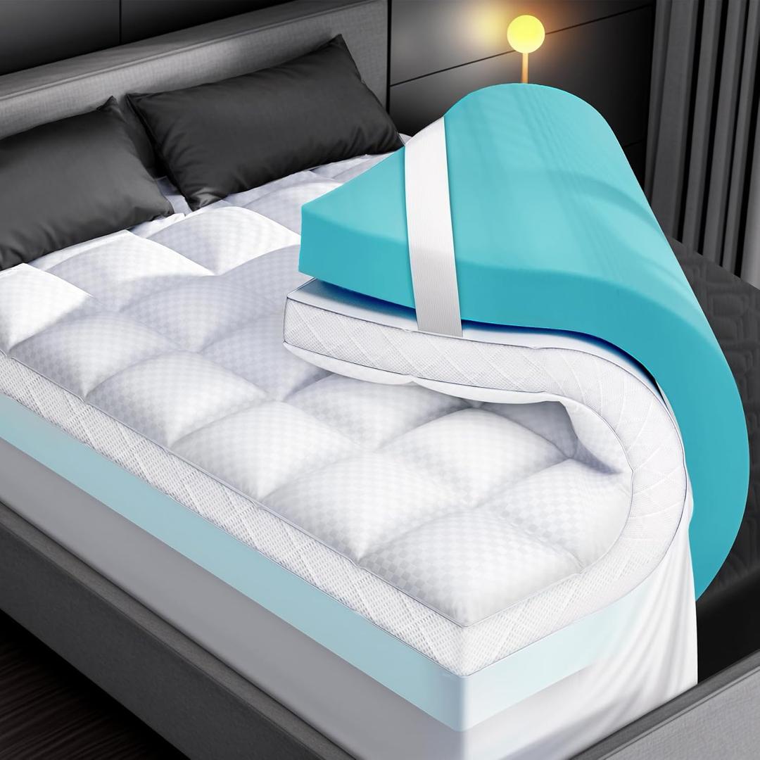 Dual Layer Memory Foam Mattress Topper for Pain Relief with 2X Support, 2" Fluffy Pillow Top Queen Mattress Topper Plus 2" Odor-Free Cooling Gel Memory Foam Ultra Comfort Mattress Pad Cover