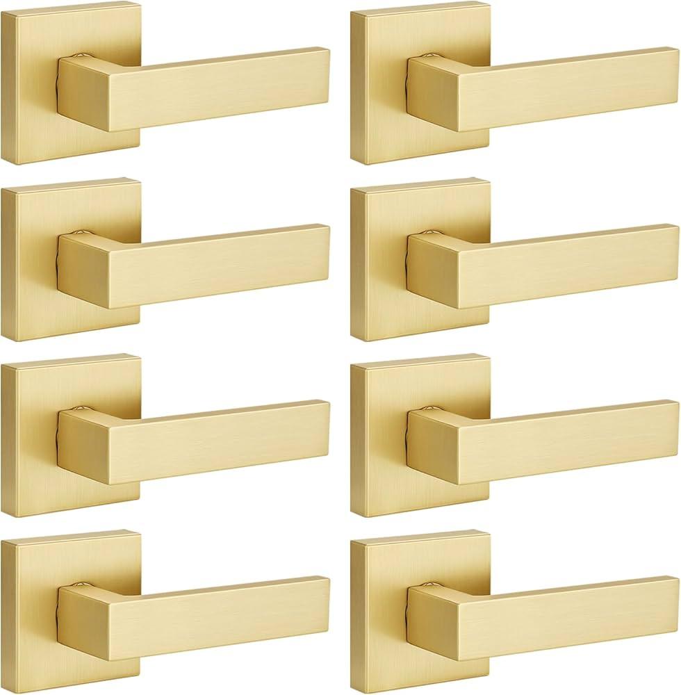 EHOMEWARE 8 Pack Gold Dummy Door Handle, Heavy Duty Single Sided Door Lever, Non Funtional Interior Door Handles for Pull or Push Only