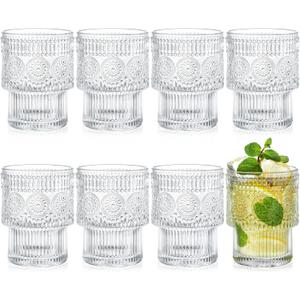 Kingrol Drinking Glasses Set of 8, 6.5 Ounces Stackbale Water Glasses, Vintage Glassware for Cocktail, Whiskey, Juice, Iced Coffee, Iced Tea, Bar Accessories