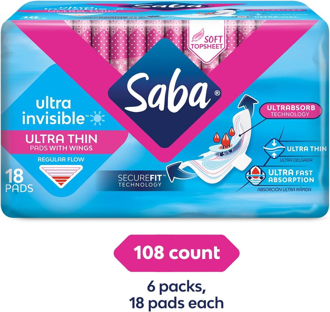 Saba Ultra Invisible Ultra Thin Regular Flow Pads with Wings and SecureFit Technology, 108 Count (6 Packs of 18)