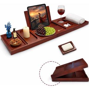 Bathtub Tray & Bath Tray for Tub Expandable Bamboo Bath tub Tray, Bathtub Caddy, Adjustable Foldable Waterproof Bath Trays for tub with Phone, Glass, Book & Tab Holder (Free Soap Dish)
